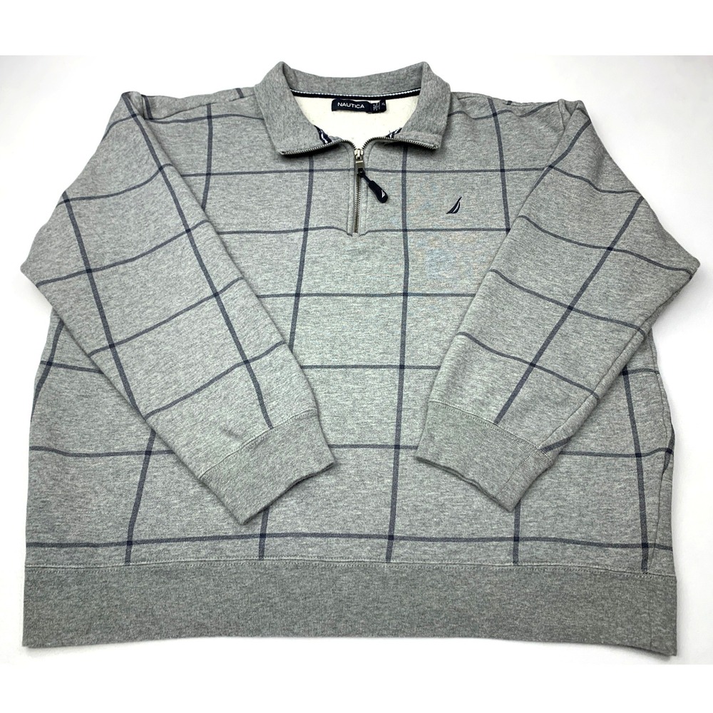 Nautica Mens XL Quarter Zip Sweatshirt Grey Windowpane Plaid Fleece Pullover